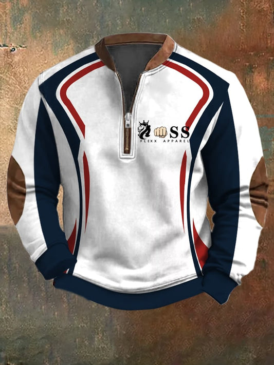 Men's Retro Letter Design Printed Casual Zipper Collar Long-Sleeved Sweatshirt