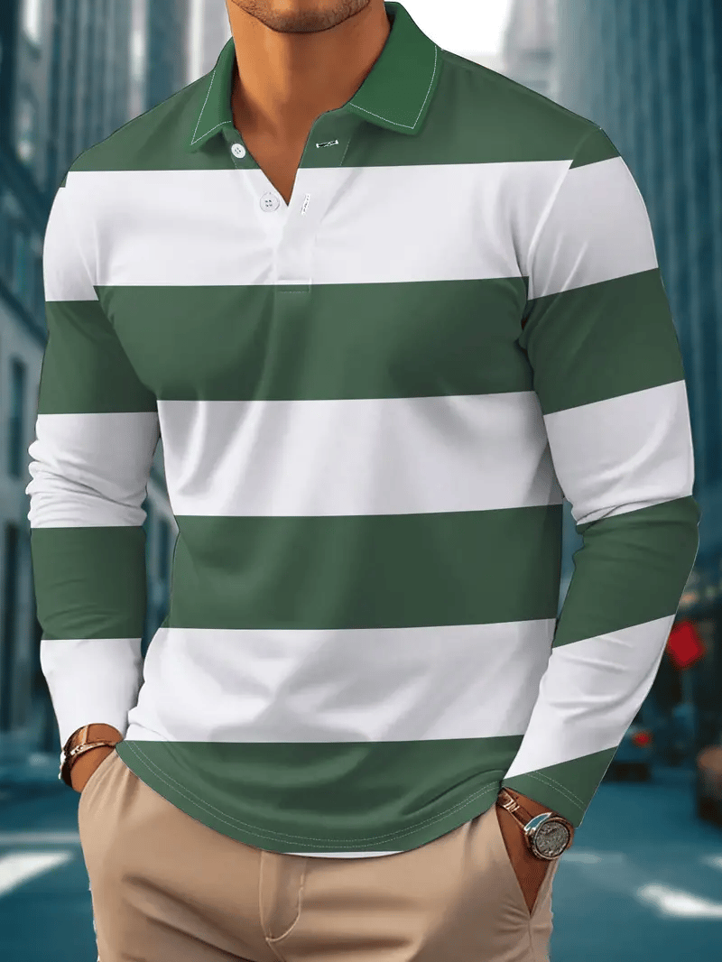 Men's Business Casual Striped Long-Sleeved Polo Shirt