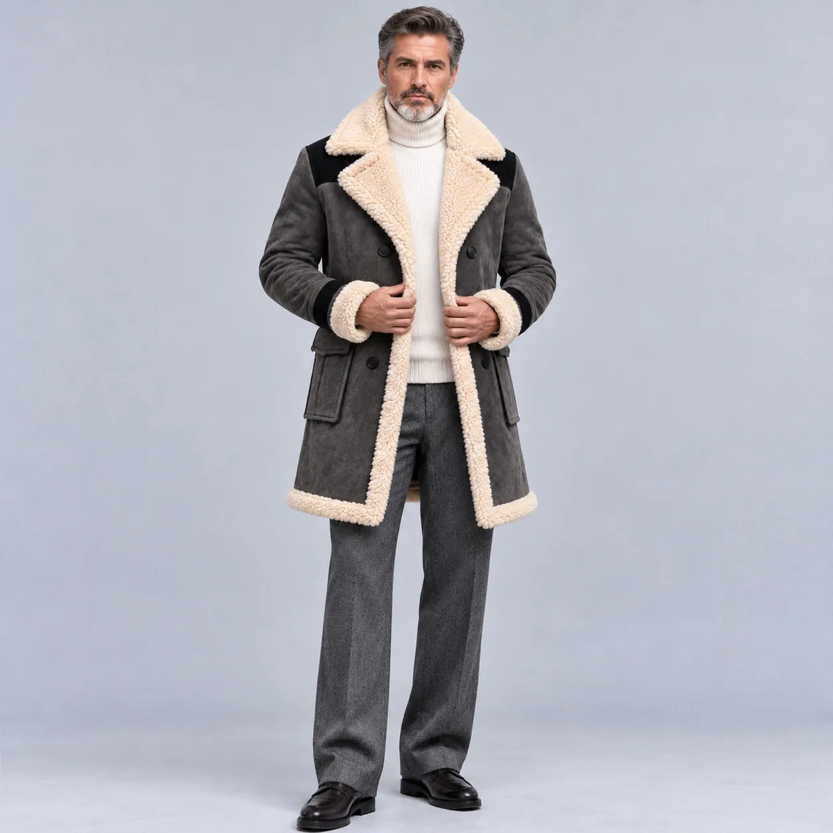 Men's Suede Contrast Color Sherpa Lined Lapel Collar Flap Pocket Double-Breasted Trench Coat