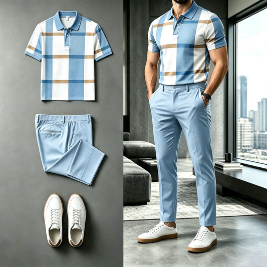 Men's Checkered Short-Sleeve Polo Shirt and Pants Set