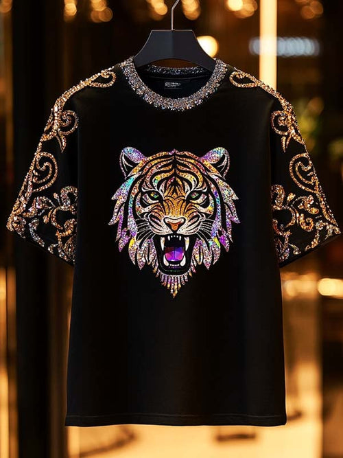 Men's Business Tiger Luxury Printed  Cotton Short Sleeve T-Shirt