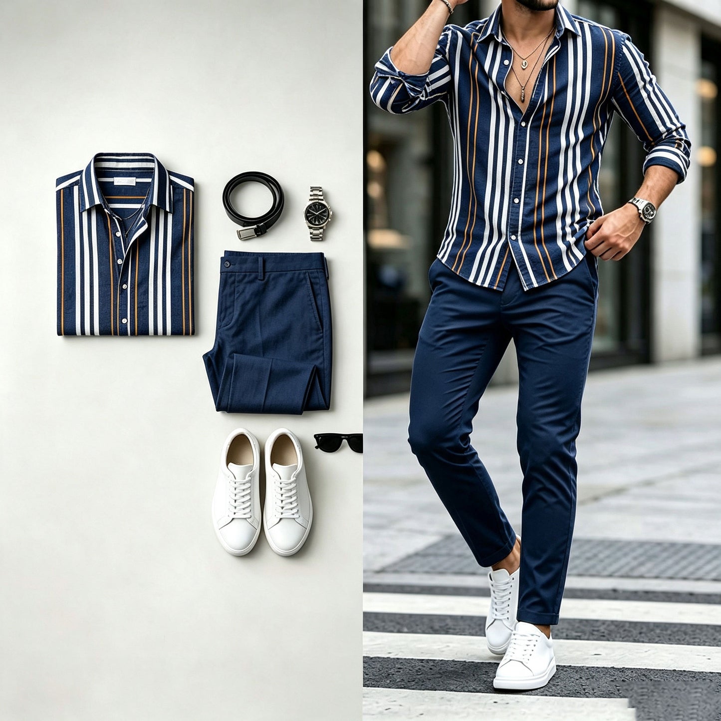 Men's Striped Print Long-Sleeve Shirt and Pants Set