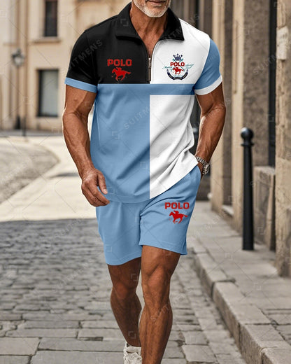 Men's Color Blocked Summer Polo Shorts Set 017