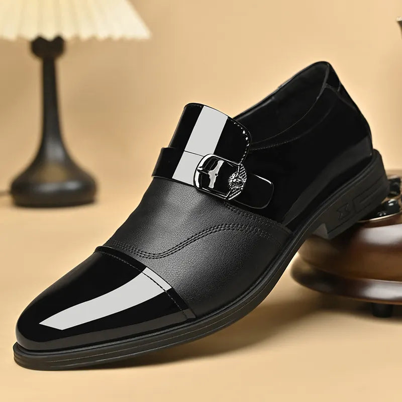 Men's Business Patent Leather Shine Cap Toe Metal Buckle Slip On Monk Loafers Dress Shoes