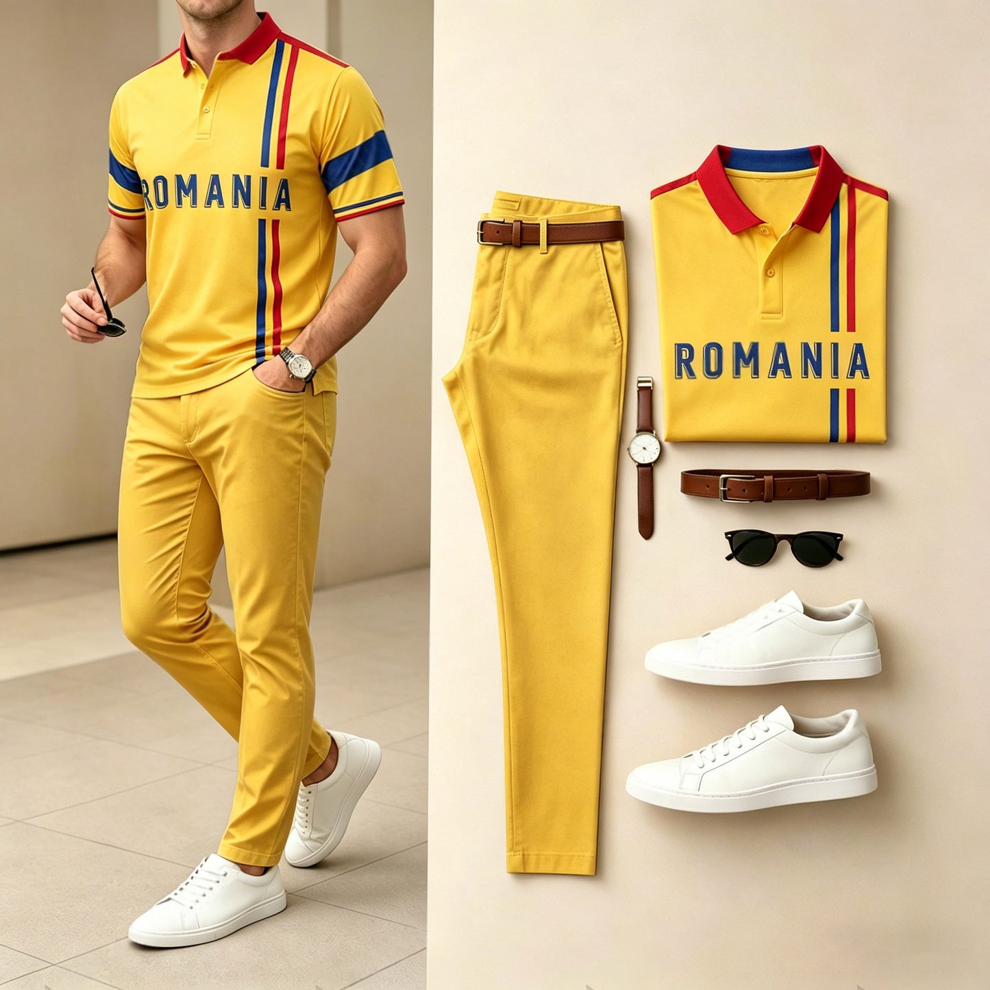 Men's Casual Pale Yellow Sporty Printed Polo Shirt And Pants Two-Piece Set
