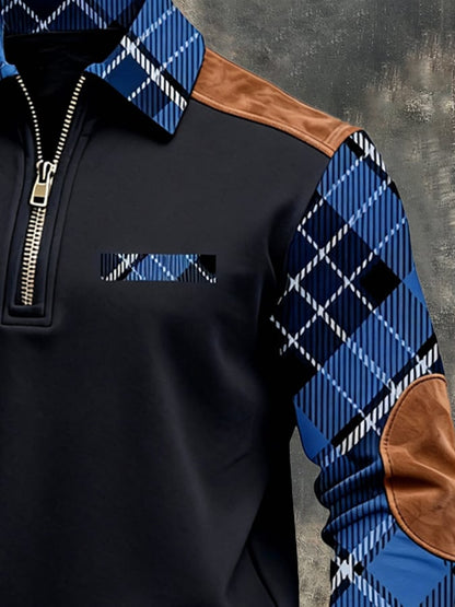 Men's Retro Color Block Print Zipper Sweatshirt