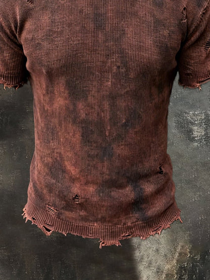 Men's Retro Washed Distressed Ripped Knit Short-Sleeve T-Shirt