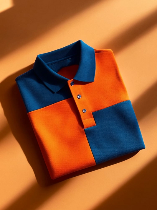 Men's Business Casual Orange Blue Block Button Short Sleeve Polo Shirt