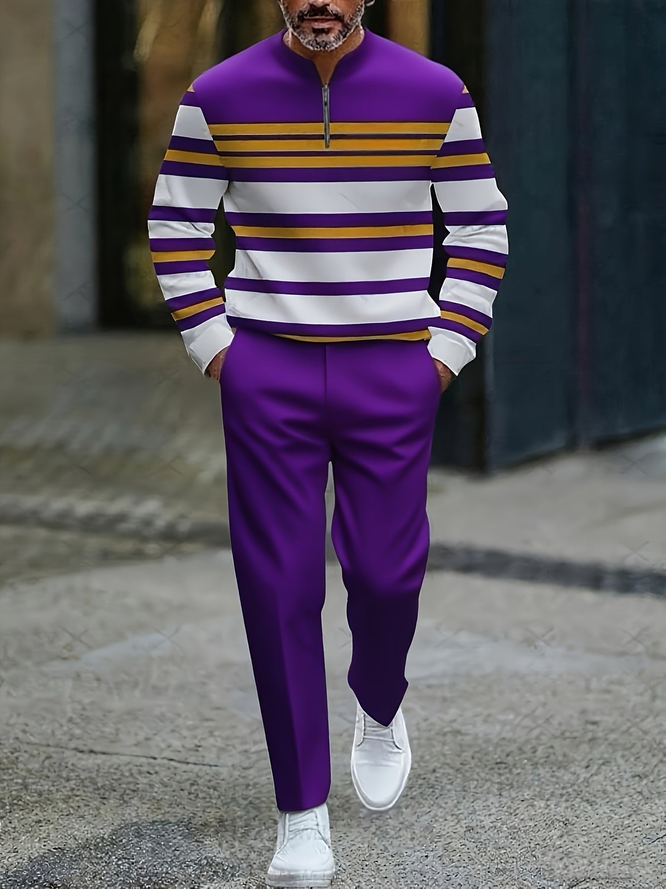 Men's Casual Purple & White Color Matching Striped Printed Round-Neck Zipper Long Sleeved Tops & Trousers Two-Piece Set