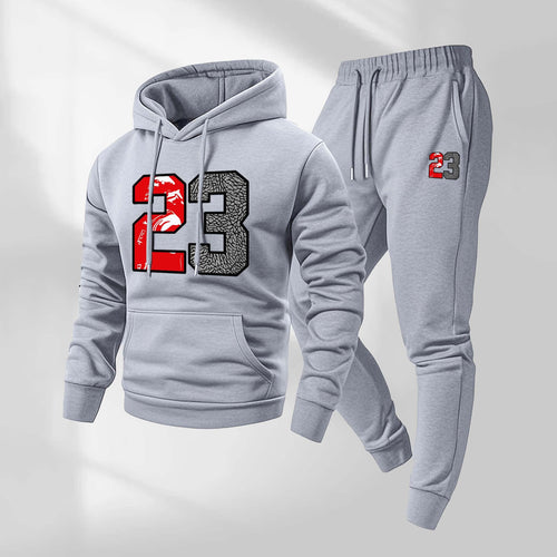 Men's Retro Basketball 23 Patterned Hoodie And Drawstring Track Pants Set, Men's Casual Athletic Long-Sleeved Hooded Jacket And Pants, Suitable For Fall And Winter, Street Style Hoodie Set, Everyday Wear, Indoor And Outdoor Sportswear
