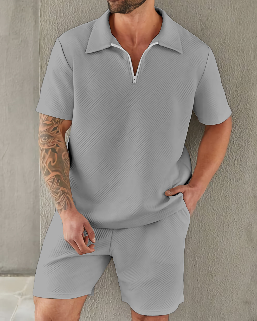 Suitmens Classic Elegant Simple Plain Texture Zipper Polo Set