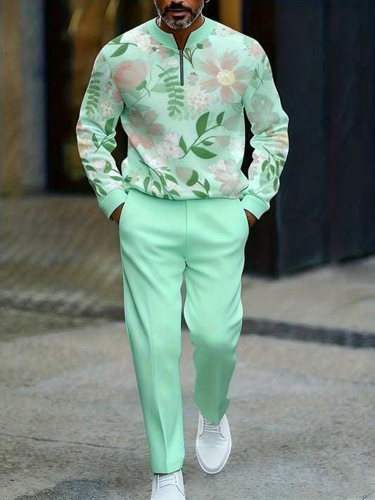 Men's Casual Color Matching Printed Round-Neck Zipper Long Sleeved Trousers Two-Piece Set