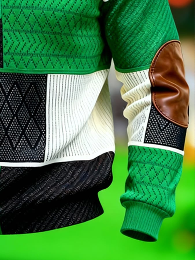 (Detachable Shamrock Brooch Included) Men's St. Patrick's Day Printed Color-Block Zip-Up Hoodie