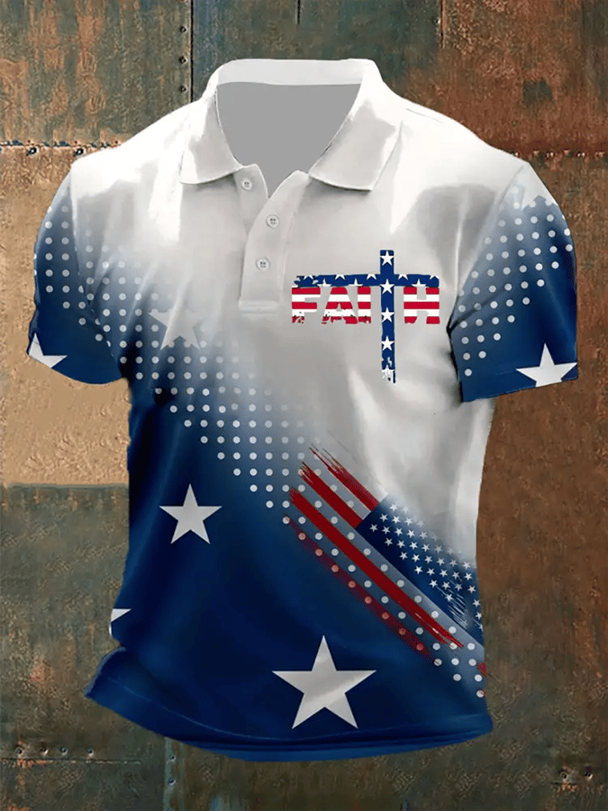 Men's Faith Cross America Flag Printed Short Sleeve POLO T-shirt