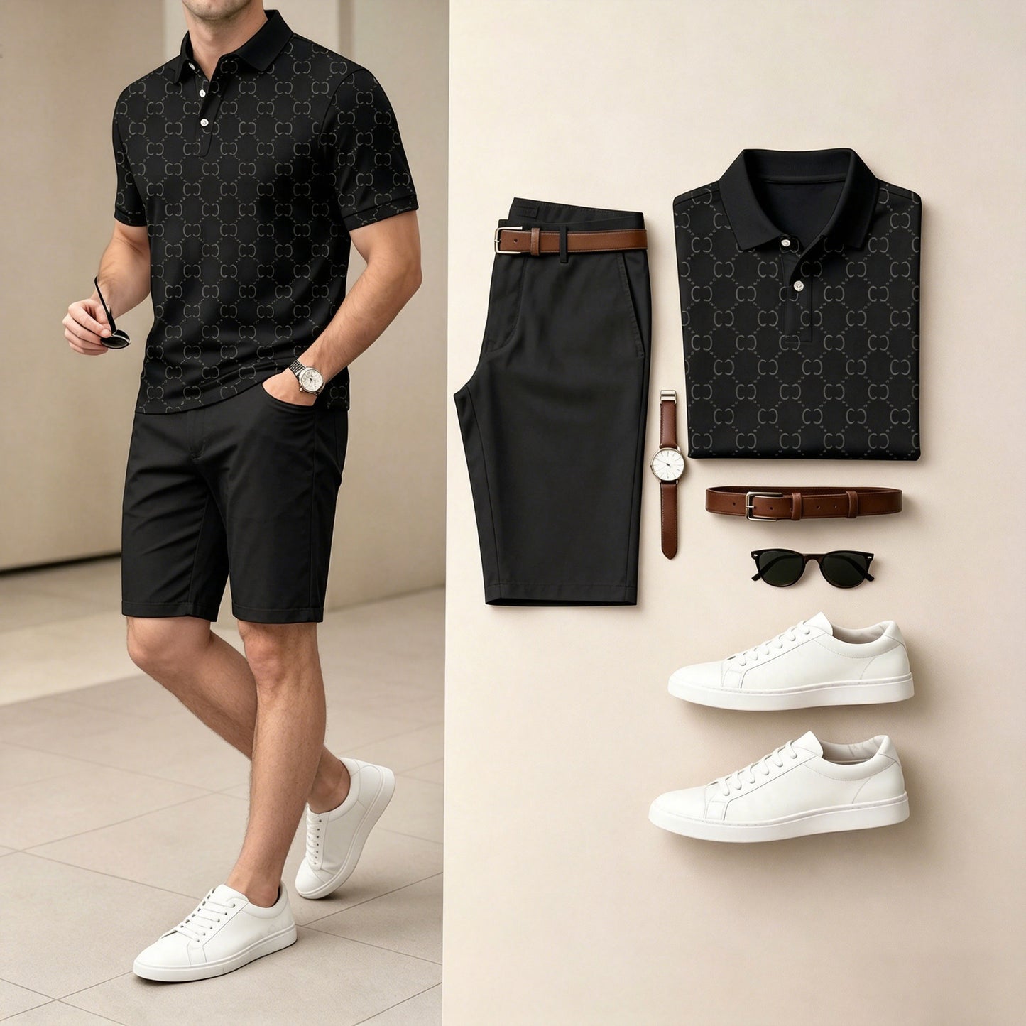 Men's Casual Black Color Polo Shirt & Shorts Two-Piece Set