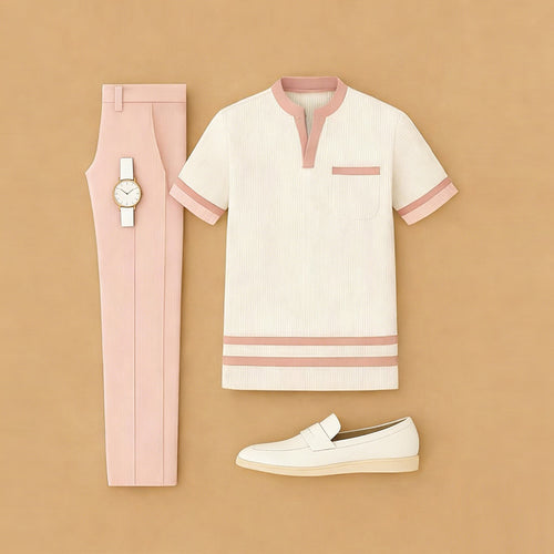 Men's Casual Pink & Beige Color Matching Printed Short Sleeved Henry Collar T-Shirt & Trousers Two-Piece Set