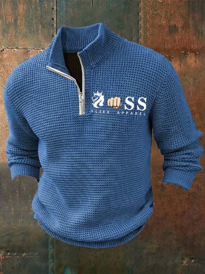 Men's Retro Letter Design Printed Zipper Collar Jacquard Knitted Sweatshirt