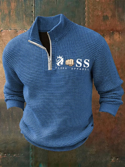Men's Retro Letter Design Printed Zipper Collar Jacquard Knitted Sweatshirt