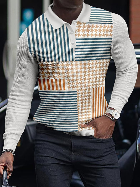 Colorblocked Stripe Casual Waffle Long Sleeved Men'S Polo Shirt