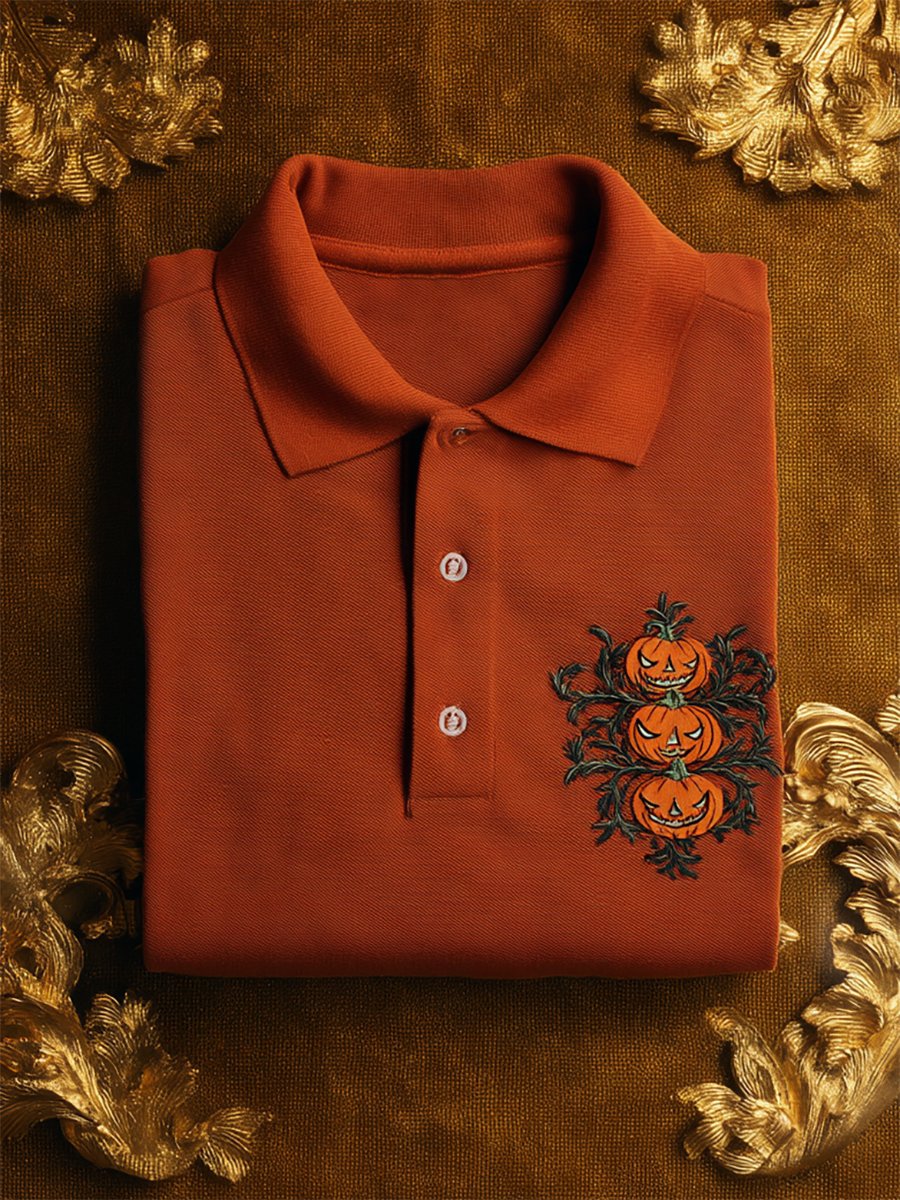 Men's Casual Business Halloween Pumpkin Art Button Short Sleeve Polo Shirt