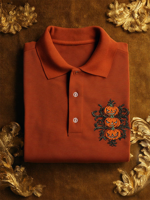 Men's Casual Business Halloween Pumpkin Art Button Short Sleeve Polo Shirt
