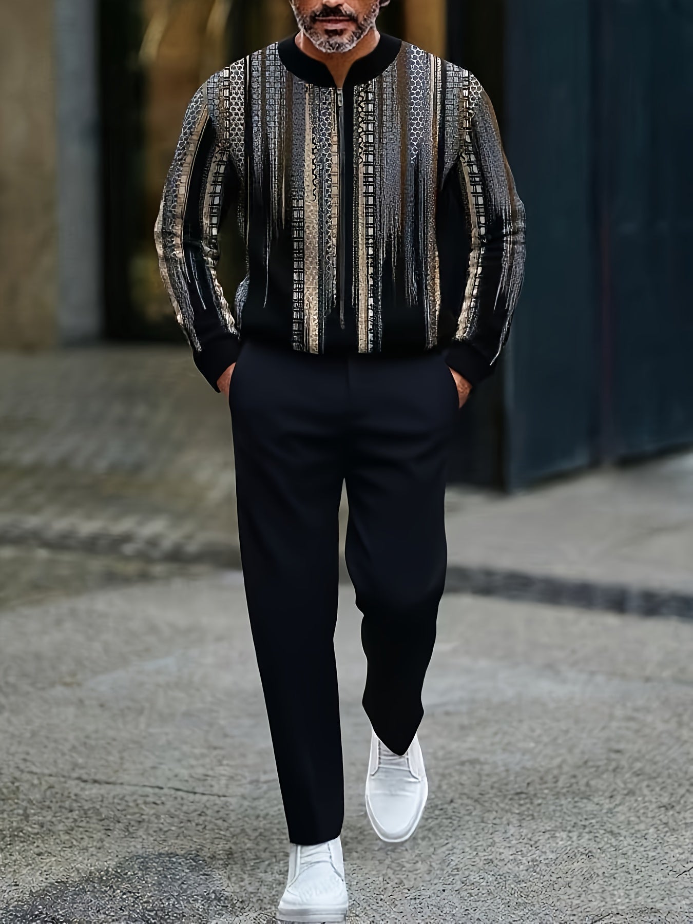 Men's Casual Color Matching Printed Round-Neck Zipper Long Sleeved Trousers Two-Piece Set