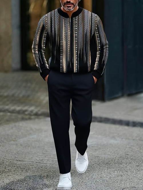 Men's Casual Color Matching Printed Round-Neck Zipper Long Sleeved Trousers Two-Piece Set