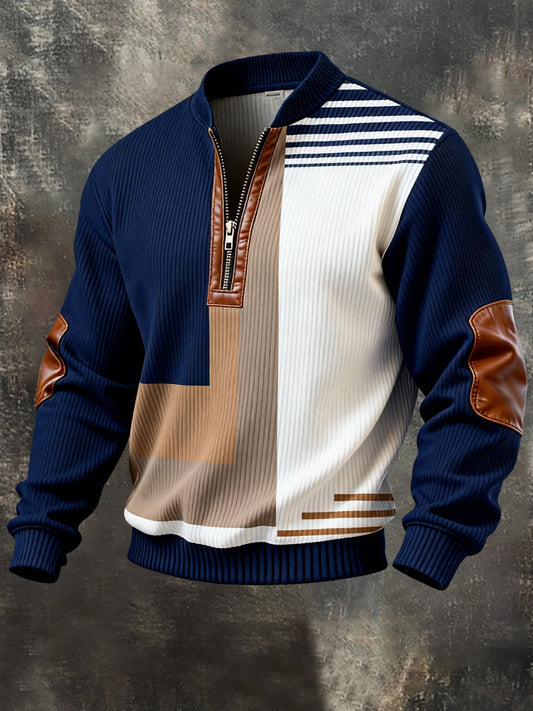 Men's Vintage Color-Block Printed Zip-Up Hoodie