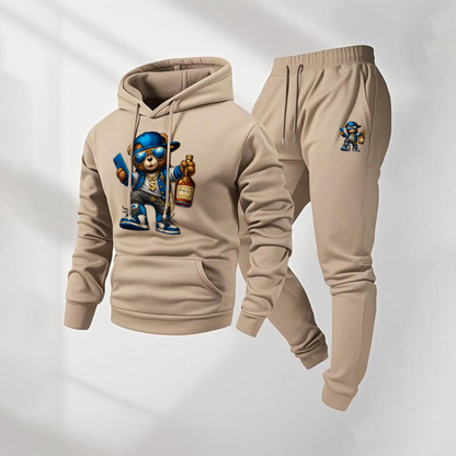 Men's Cartoon Bear Patterned Hoodie And Drawstring Track Pants Set, Men's Casual Athletic Long-Sleeved Hooded Jacket And Pants, Suitable For Fall And Winter, Street Style Hoodie Set, Men's Everyday Wear, Indoor And Outdoor Sportswear,