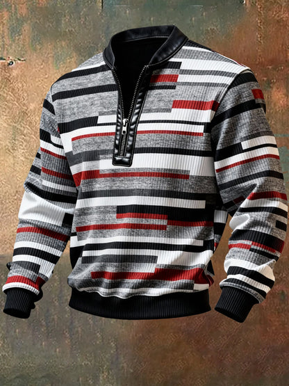 Men'S Casual Retro Contrast Color Half Zip Stand Collar Long Sleeve Sweatshirt