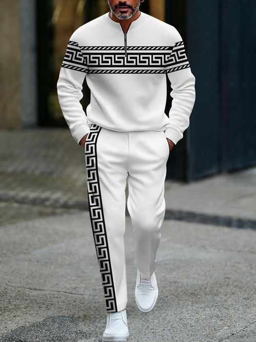 Men's Casual Black & White Color Matching Baroque Printed Round-Neck Zipper Long Sleeved Sweatshirt & Trousers Two-Piece Set