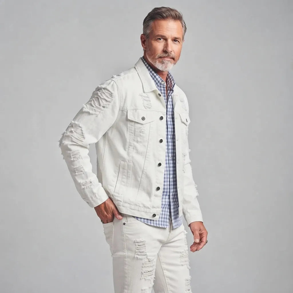 Men's White Distressed Ripped Single-Breasted Multi-Pocket Denim Jacket