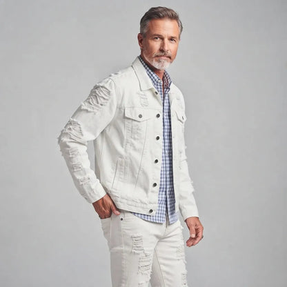 Men's White Distressed Ripped Single-Breasted Multi-Pocket Denim Jacket