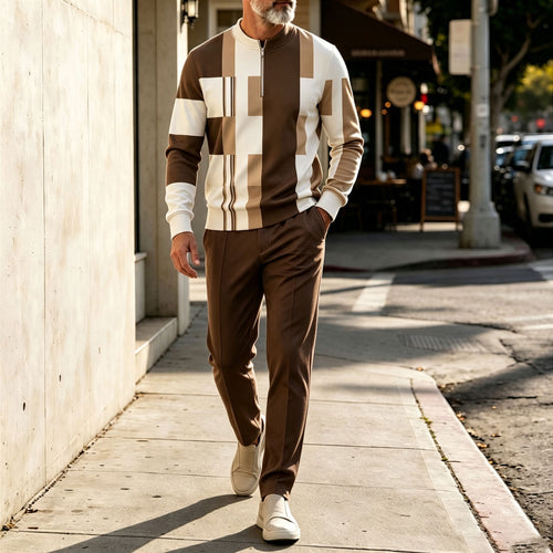 Men's Checkered Round-Neck Zipper Long-Sleeve Shirt and Pants Set