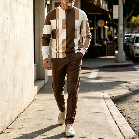 Men's Checkered Round-Neck Zipper Long-Sleeve Shirt and Pants Set