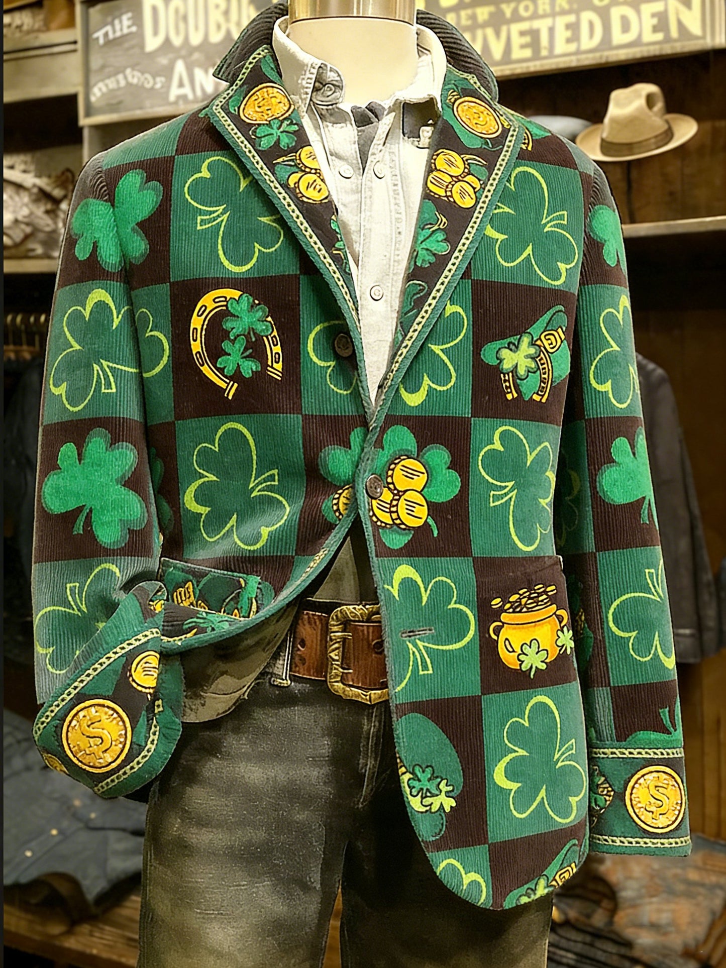 Men's Vintage Irish St. Patrick's Day Shamrock Lucky Leprechaun Hat Horseshoe Pot of Gold Print Casual Jacket