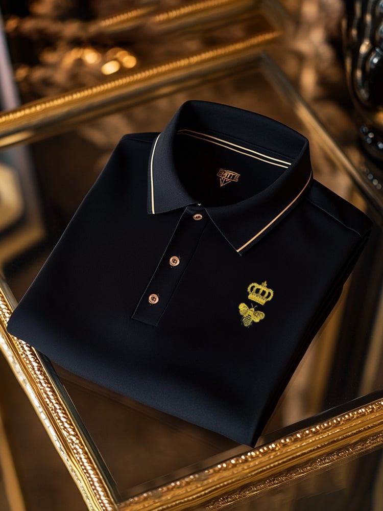 Men's Classic Business Check Logo Button Short Sleeve Polo Shirt