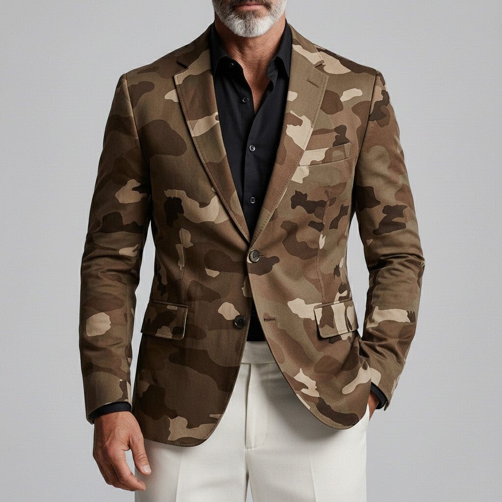 Men's Retro Camouflage Print Notched Lapel Two Button Slim Long Sleeve Blazer