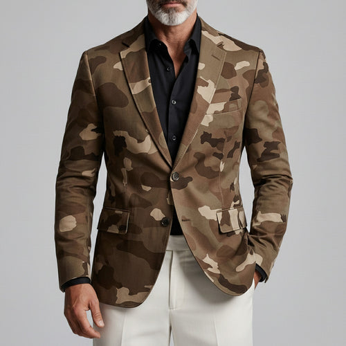 Men's Retro Camouflage Print Notched Lapel Two Button Slim Long Sleeve Blazer