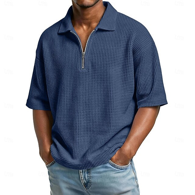 Men's Waffle Polo Shirts Zip Polo