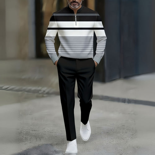 Men's Casual Striped Print Polo Collar Zipper Long Sleeve Pants Two-Piece Set