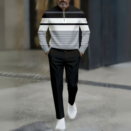 Men's Casual Striped Print Polo Collar Zipper Long Sleeve Pants Two-Piece Set