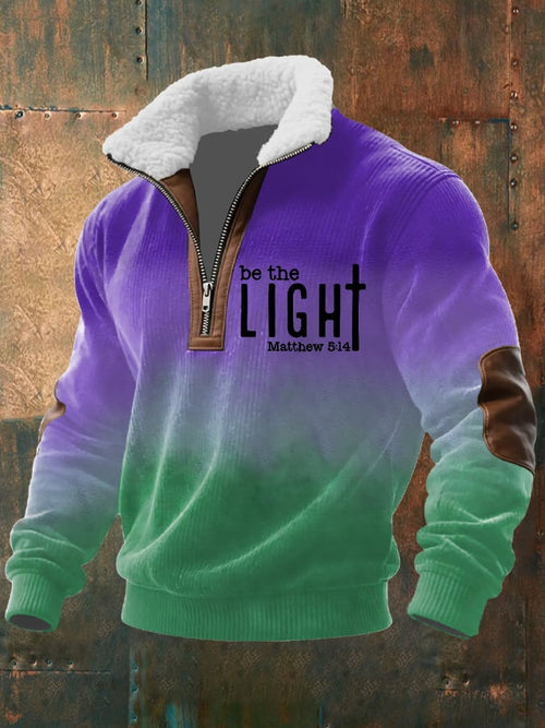 Men's Vintage Faith "Be The Light" Printed Zip Fur Collar Long Sleeve Textured Sweatshirt
