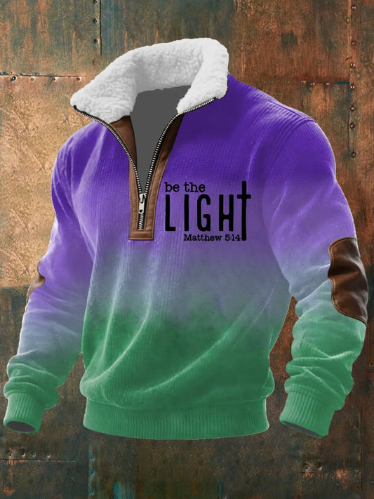 Men's Vintage Faith "Be The Light" Printed Zip Fur Collar Long Sleeve Textured Sweatshirt