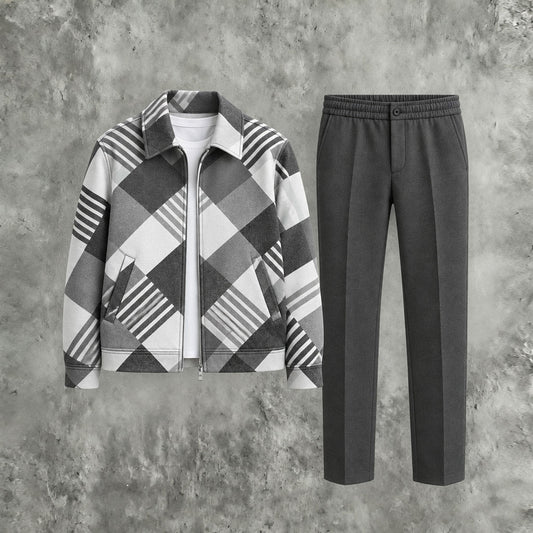 Men's Diamond-Quilted Zipper Hoodie and Pants Two-Piece Set