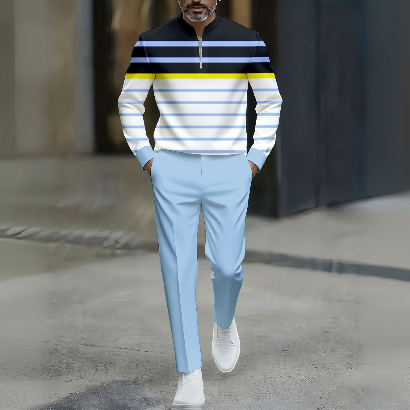 Men's Casual Blue Color Matching Striped Printed Round-Neck Zipper Long Sleeved Trousers Two-Piece Set