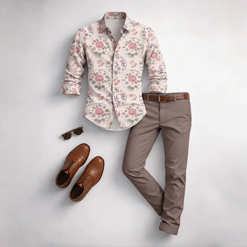Men's Vintage Floral Print Long-Sleeve Shirt and Pants Set