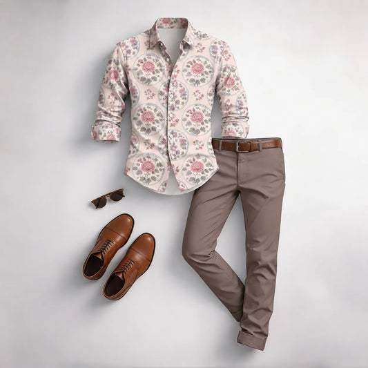 Men's Vintage Floral Print Long-Sleeve Shirt and Pants Set