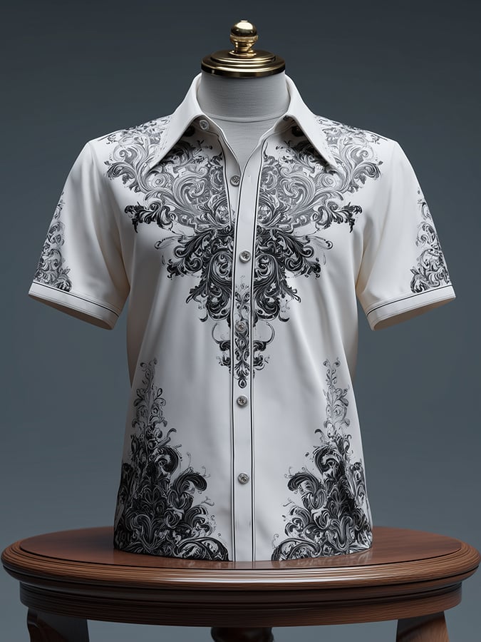 Men's Casual Retro Gentleman Brogue Pattern Dark Shirt