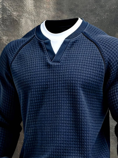 Men'S Vintage Waffle-Knit Color-Block Faux Two-Piece Long-Sleeved Sweatshirt